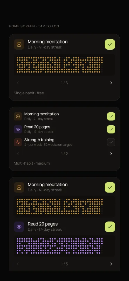 Home screen widgets for one habit and for several, each with a tick button.